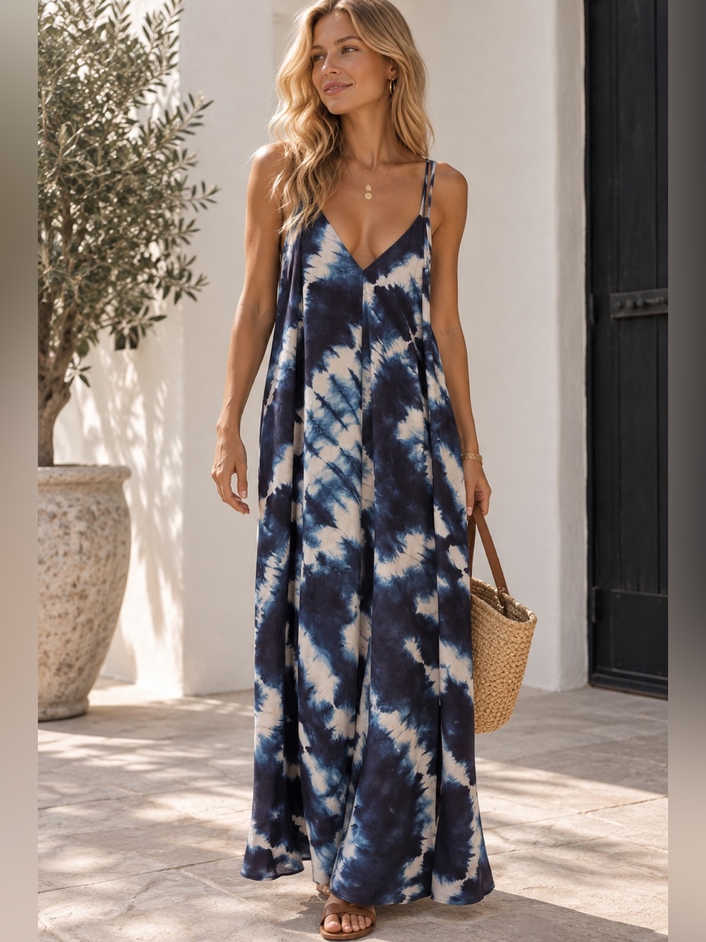 Zara Navy and White Tie-Dye Maxi Skirt